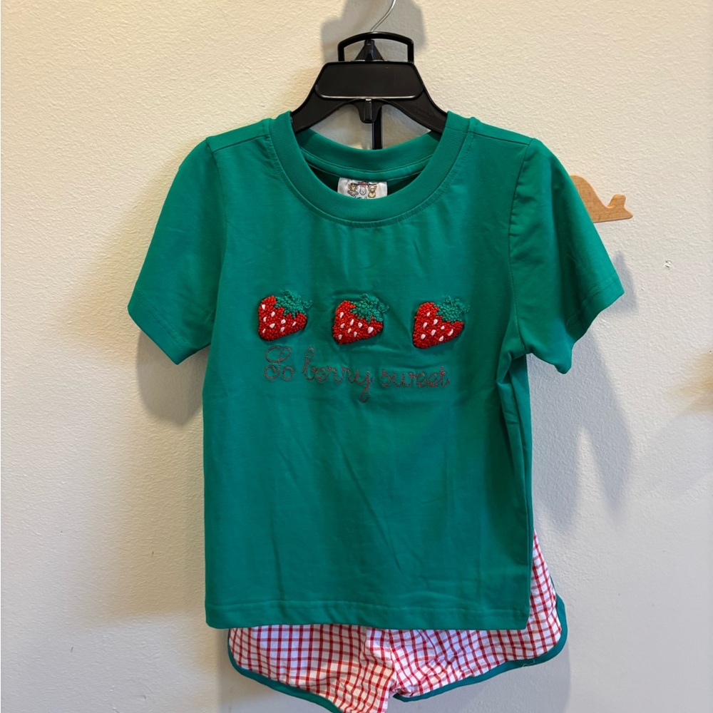 Green Boys French Knot Matching Set with Strawberry Design